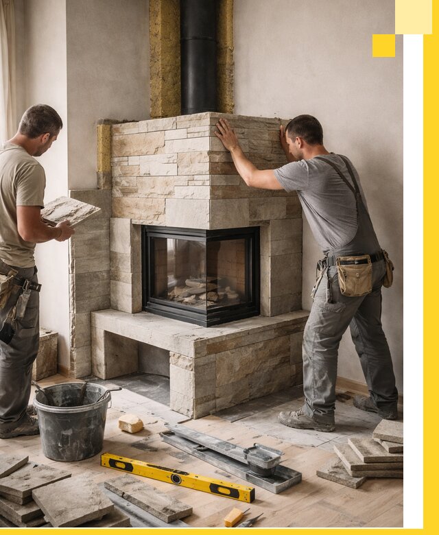 Угловые камины под ключ проект, монтаж и отделка в Верхнем Уфалее