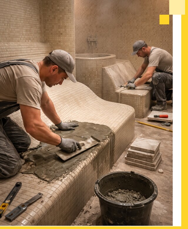 Лежаки для хамама под ключ в Верхнем Уфалее, проект и монтаж